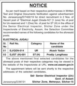 Inspectorate of Electricity Assam Recruitment Result 2021
