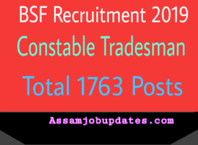 BSF Recruitment 2019 posts of Constable Tradesman Total 1763 posts
