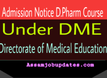Admission Notice D Pharm Course Under DME Session 2018