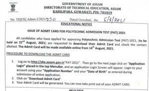 Assam Polytechnic Admit Card 2021