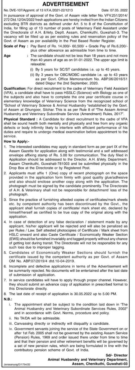 Animal Husbandry & Veterinary Assam Recruitment 2022 | AssamJobupdates