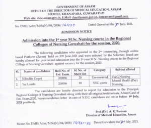 DME Assam M.Sc Nursing admission 2020